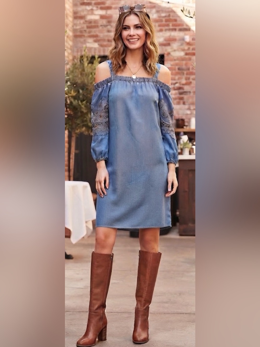 Chico’s Blue Chambray Denim Off the Shoulder Dress Lace Paisley Cutout Western